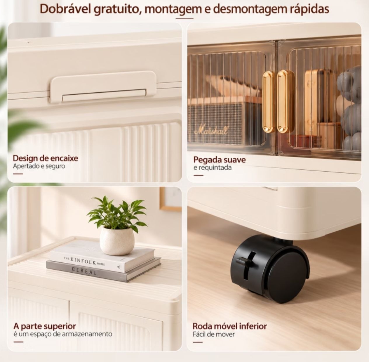 Detalhes: design de encaixe, pegada suave, rodinha e espaço superior