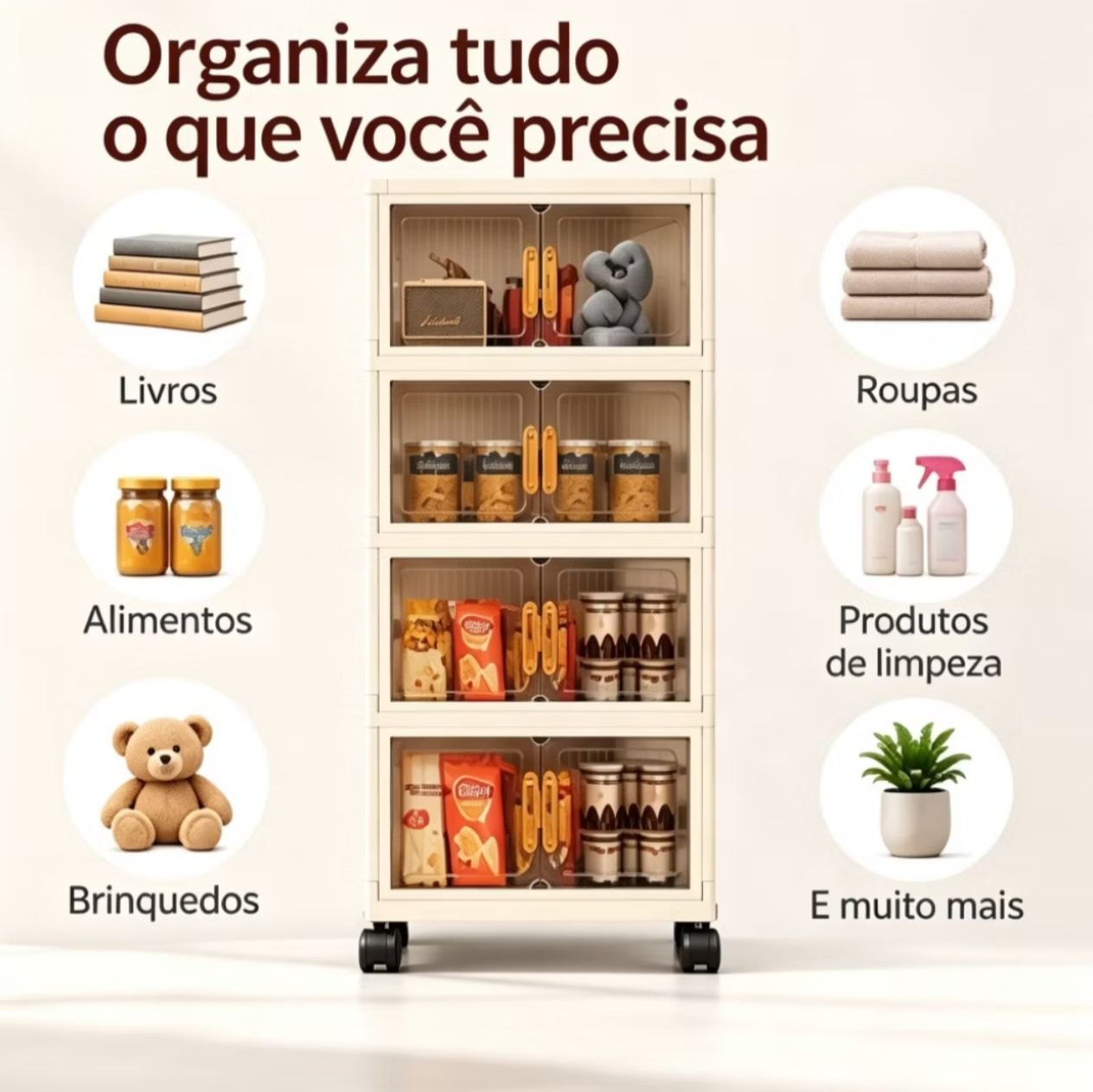 EmpilhaMax organizando livros, roupas, alimentos e produtos de limpeza